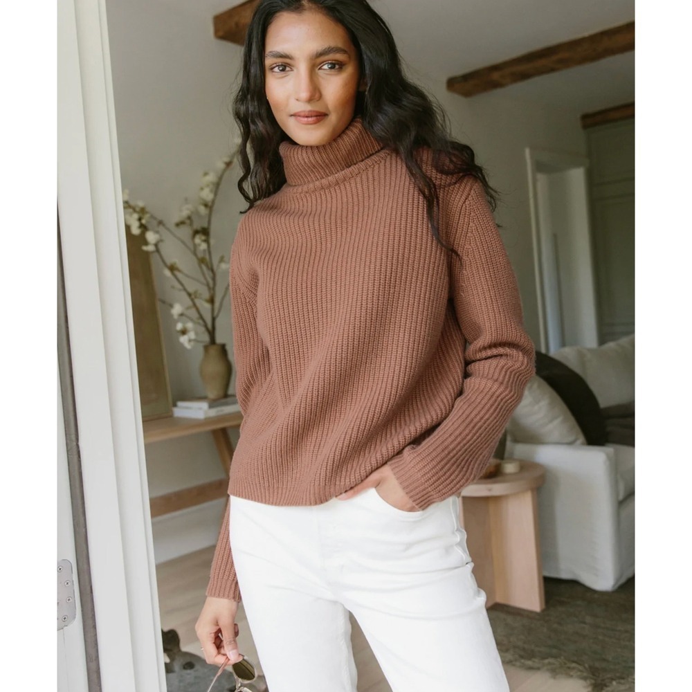 B41 Jenni Kayne Wool Cashmere Sweater Small Cropped Turtleneck Brown Rib Knit